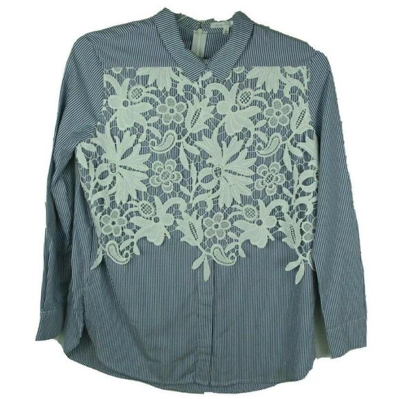 Endless Rose Womens Top Button Down Small Striped Lace Floral - Picture 1 of 8